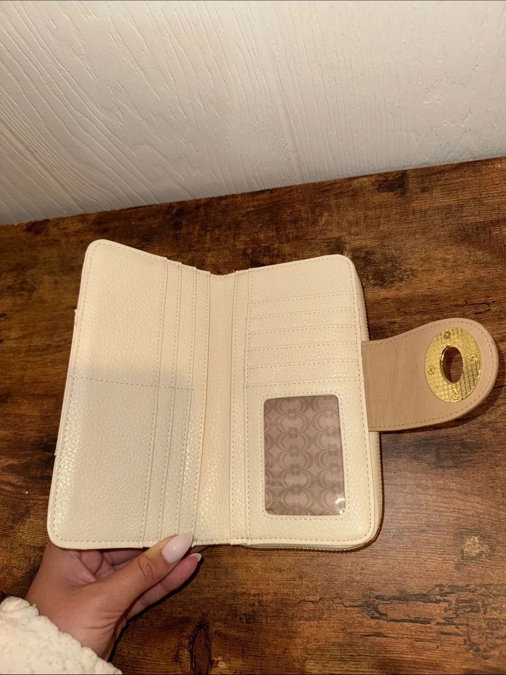 Cream and Tan Turn-Lock Wallet